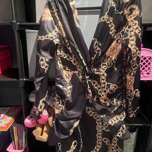 Baroque Chain print dress deep V neck long sleeve